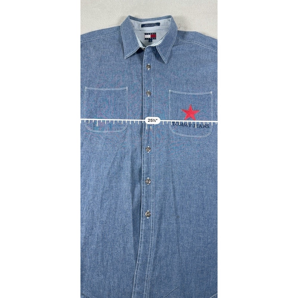 Vintage Tommy Jeans Denim Button Up Shirt Men's Large Short Sleeve Embroidered L - Picture 8 of 16